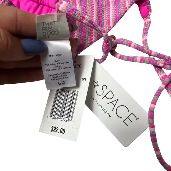 L*SPACE Brittany Bikini Top Electric Pique Stripe Pink Triangle Tie Large NEW - Picture 8 of 9